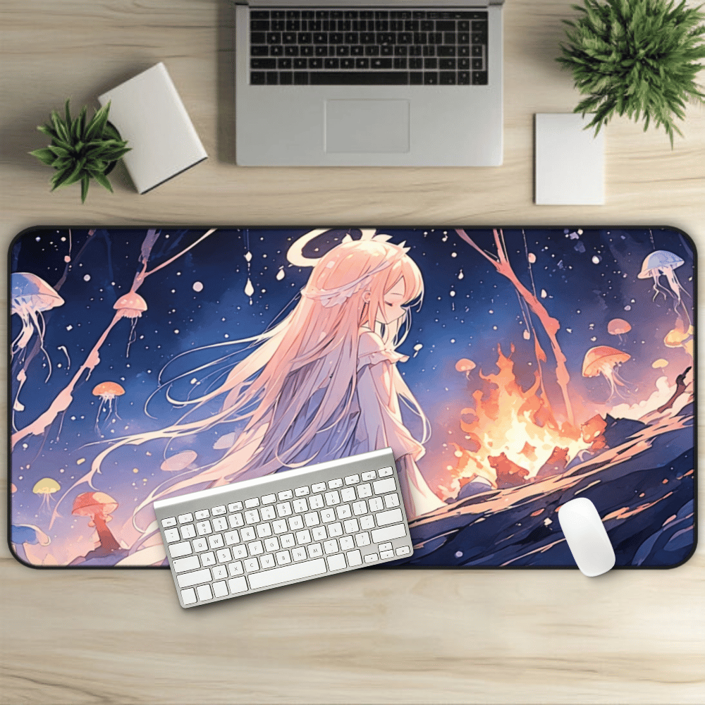 Lullaby Grove Anime Desk Mat "The Angel In The Grove" dark fantasy anime desk mat showing a sad, cute girl in mystical storybook landscape with floating creatures