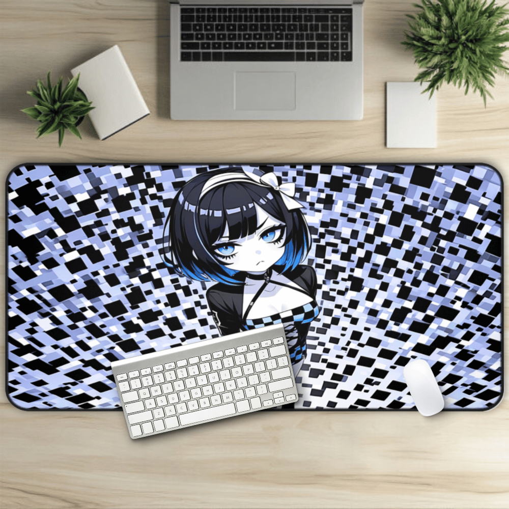 Kawaii Blue Checkers Goth Girl Desk Mat featuring kawaii-inspired art loved by fans of cute anime, games, and accessories