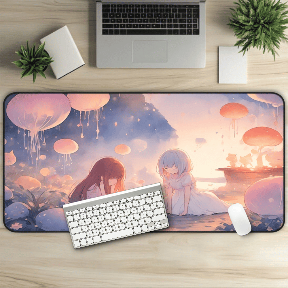 Lullaby Grove Anime Desk Mat "Withering Hopes" dark fantasy anime desk mat showing a sad, cute girl in mystical storybook landscape with floating creatures