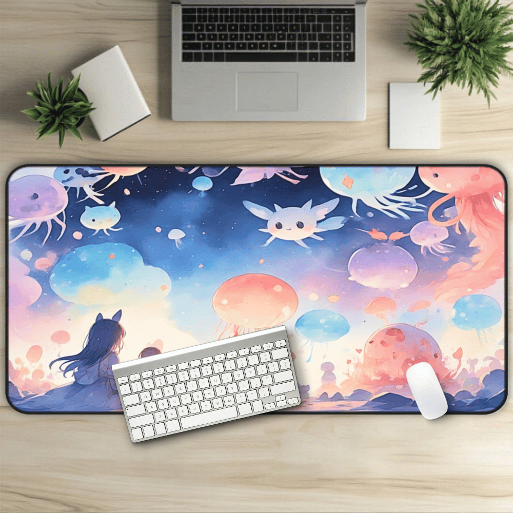 Lullaby Grove Anime Desk Mat "New Hope & Hungry Sky" dark fantasy anime desk mat showing a sad, cute girl in mystical storybook landscape with floating creatures
