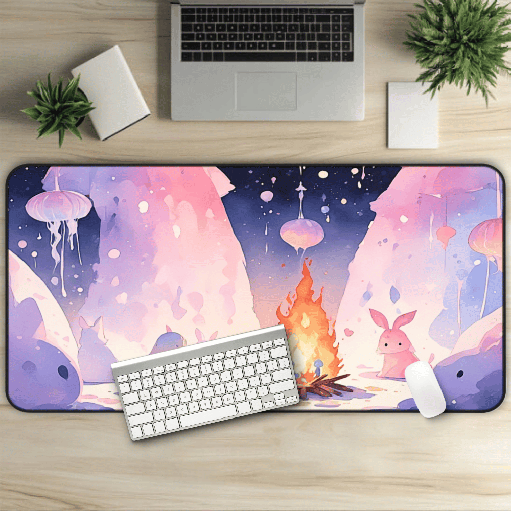 Lullaby Grove Anime Desk Mat "Forsaken In The Grove" dark fantasy anime desk mat showing a sad, cute girl in mystical storybook landscape with floating creatures