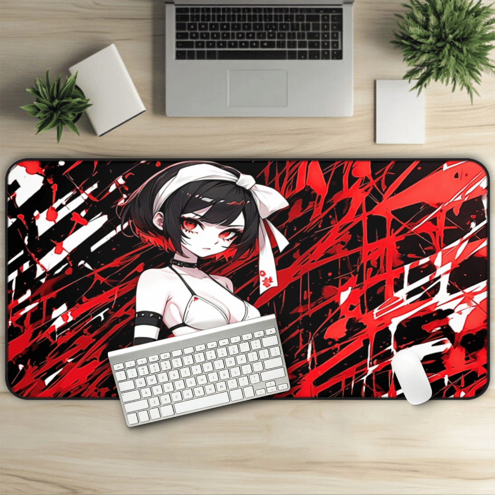 Red Hair Goth Waifu Desk Mat "Bloody Love" sexy anime girl, lewd waifu artwork