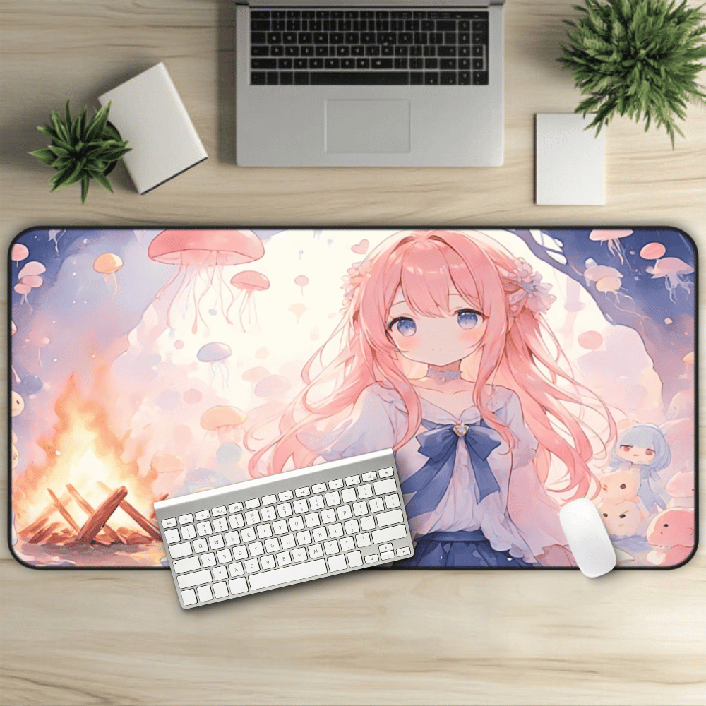 Lullaby Grove Anime Desk Mat "Brii, The Lost" dark fantasy anime desk mat showing a sad, cute girl in mystical storybook landscape with floating creatures