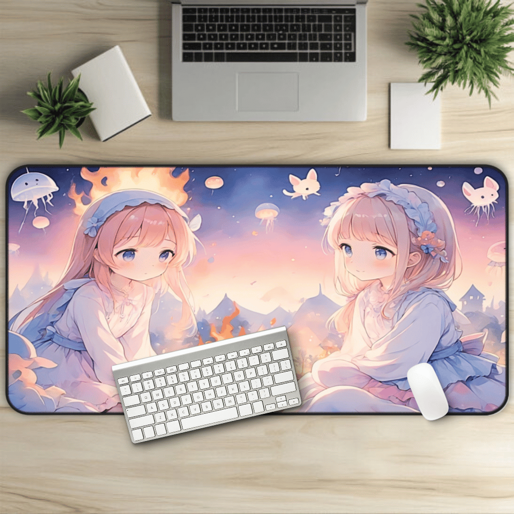 Lullaby Grove Anime Desk Mat "Lost Sister & Waning Promise" dark fantasy anime desk mat showing a sad, cute girl in mystical storybook landscape with floating creatures