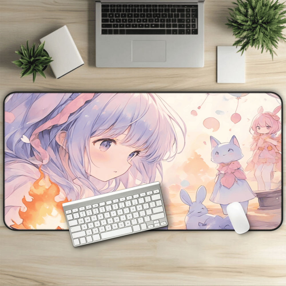 Lullaby Grove Anime Desk Mat "Watcher In The Grove" dark fantasy anime desk mat showing a sad, cute girl in mystical storybook landscape with floating creatures