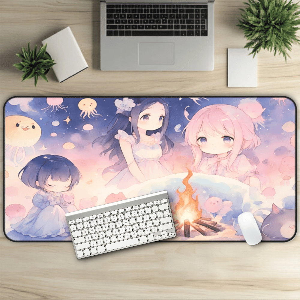 Lullaby Grove Anime Desk Mat "Innocent Beginnings" dark fantasy anime desk mat showing a sad, cute girl in mystical storybook landscape with floating creatures