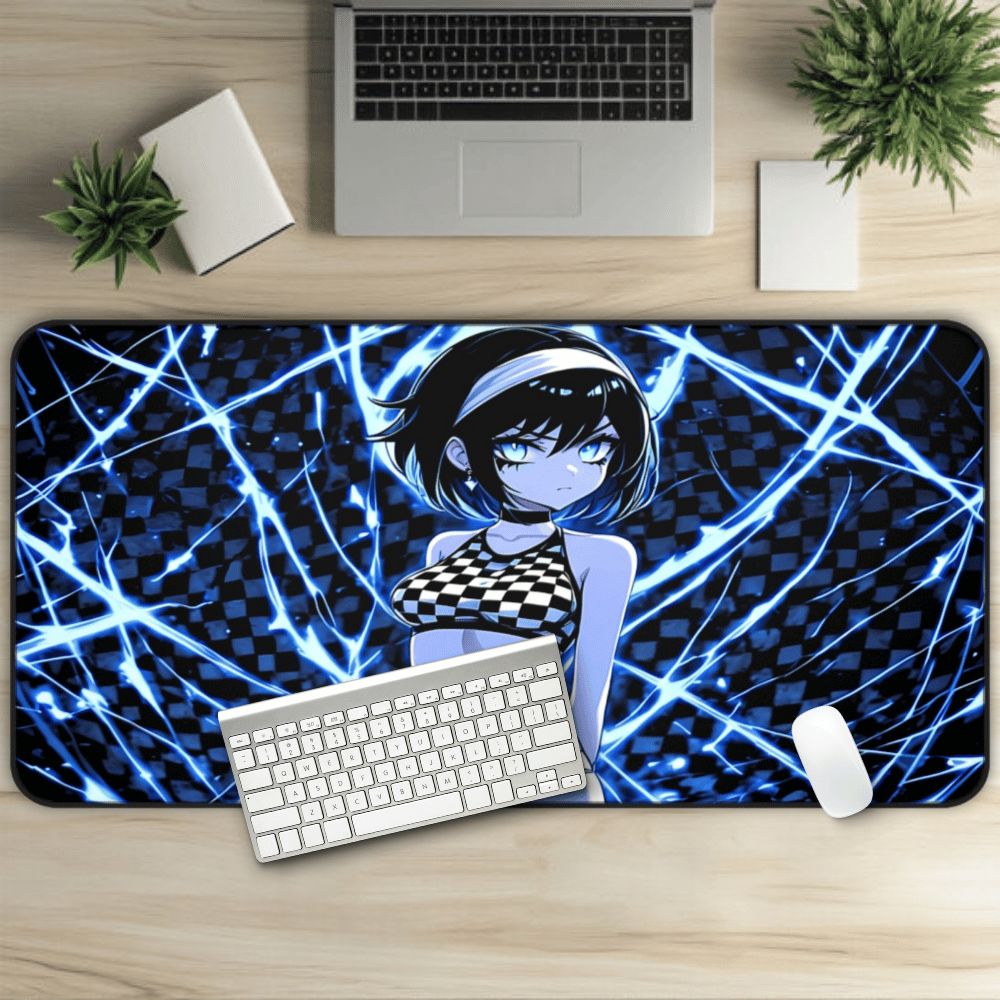 Blue Checkers Annoyed Goth Waifu Desk Mat
