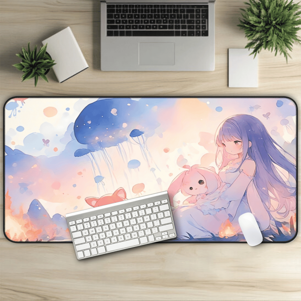 Lullaby Grove Anime Desk Mat "Trials & Tribulations" dark fantasy anime desk mat showing a sad, cute girl in mystical storybook landscape with floating creatures