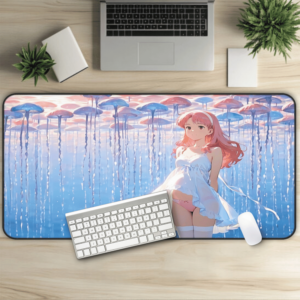 Yumeko – Pink Jellyfish & Floating Dreams Anime Desk Mat anime desk mat with dreamy waifu illustration in classic anime style, featuring a beautiful Japanese anime girl and soft aesthetic design