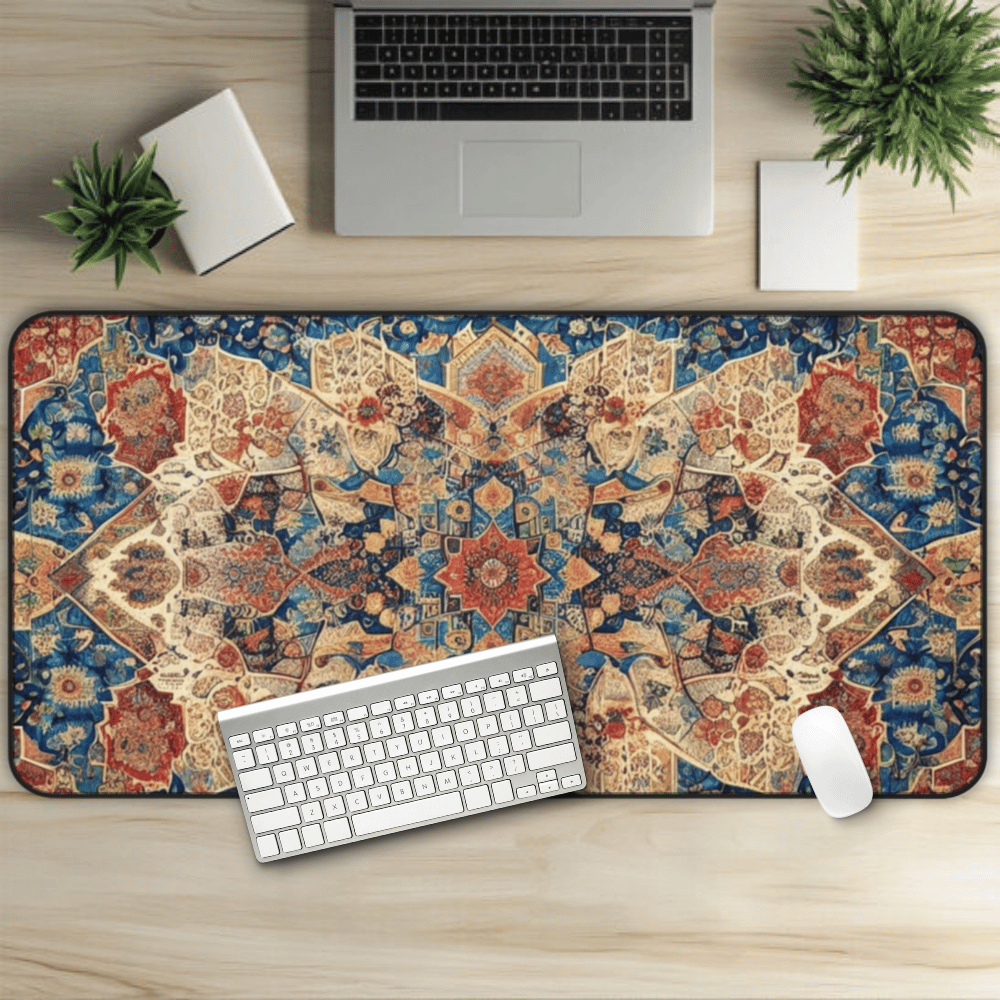 The Sultan's Pride Persian Carpet Desk Mat with Arabic, Middle Eastern rug textiles with unique oriental patterns perfect for beautiful desk aesthetics