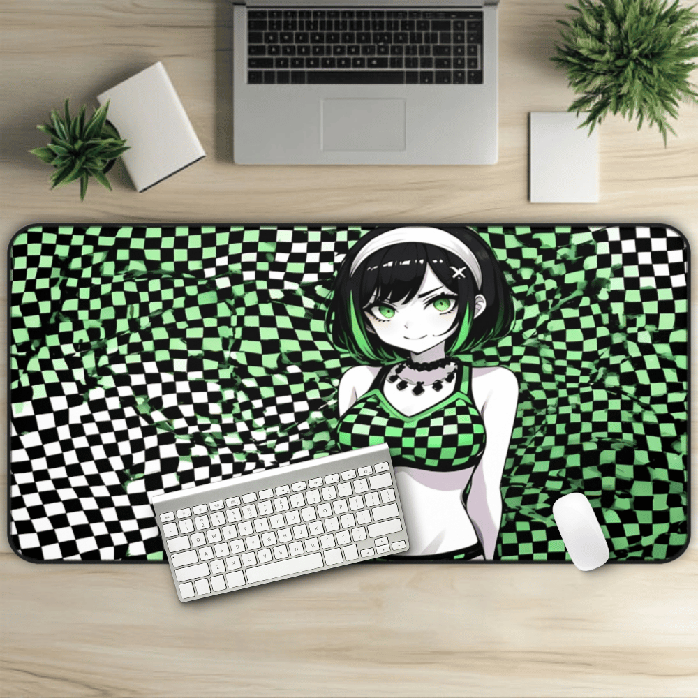 Cute Green Checkers Goth Waifu Desk Mat sexy anime girl, lewd waifu artwork