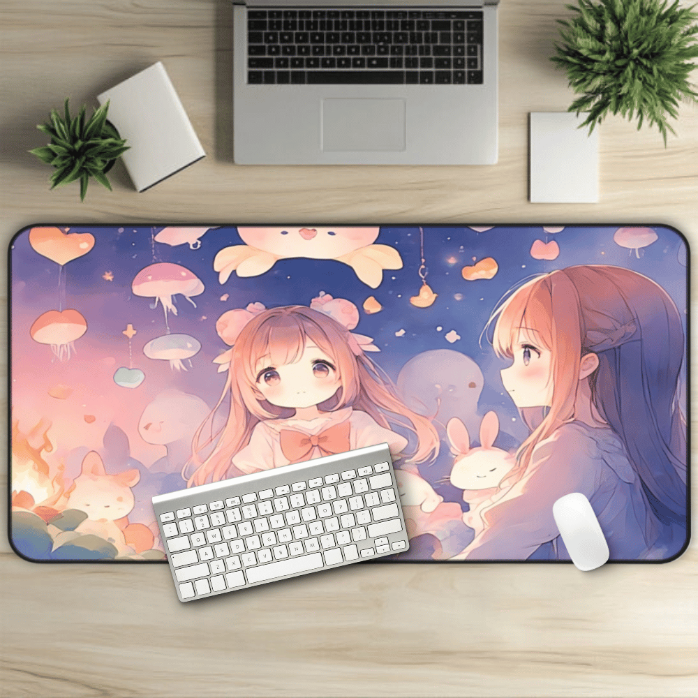 Lullaby Grove Anime Desk Mat dark fantasy anime desk mat showing a sad, cute girl in mystical storybook landscape with floating creatures