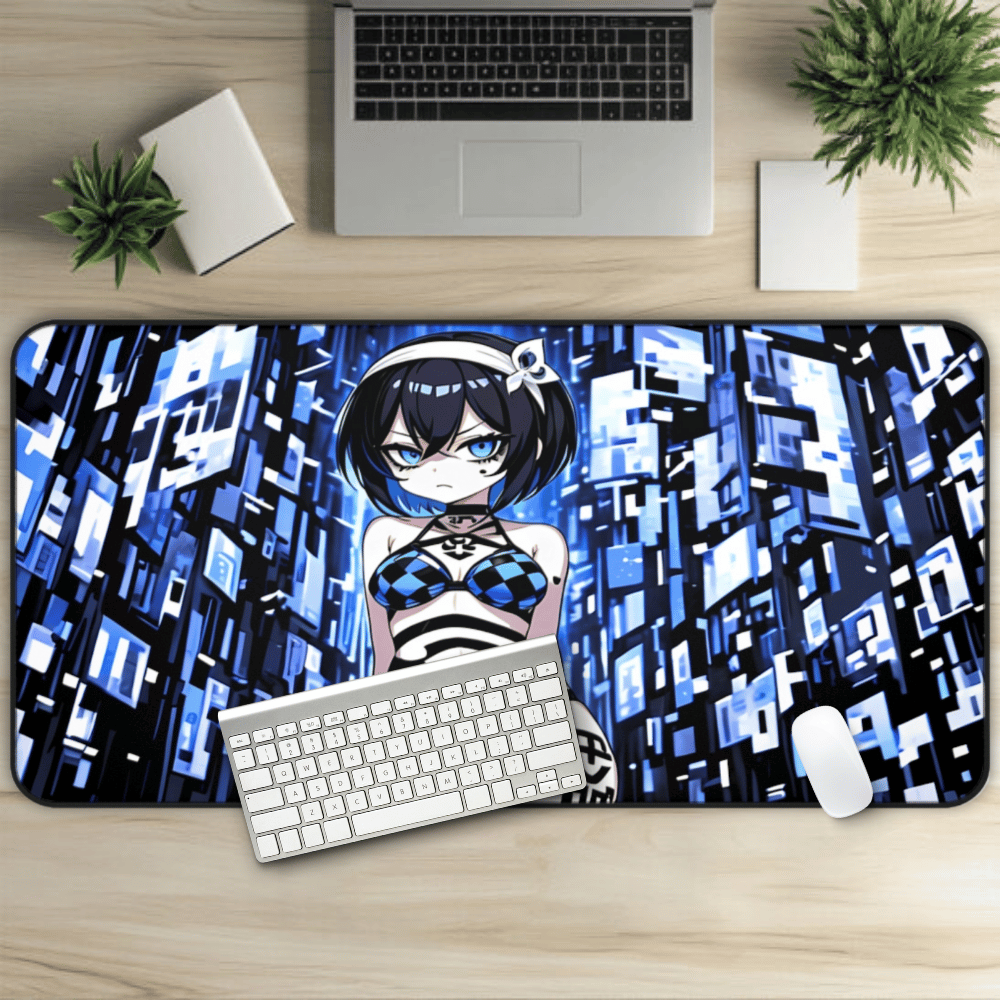 Kawaii Blue Checkers Goth Girl Desk Mat sexy anime girl, lewd waifu artwork