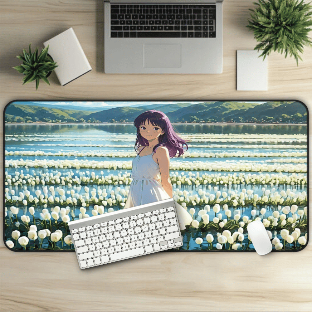 Yumeko – Beautiful Violet Anime Girl Desk Mat anime desk mat with dreamy waifu illustration in classic anime style, featuring a beautiful Japanese anime girl and soft aesthetic design