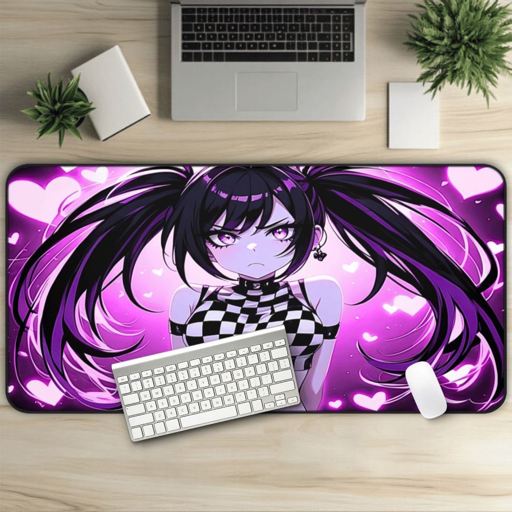 Beautiful Purple Hearts Goth Girl Desk Mat sexy anime girl, lewd waifu artwork