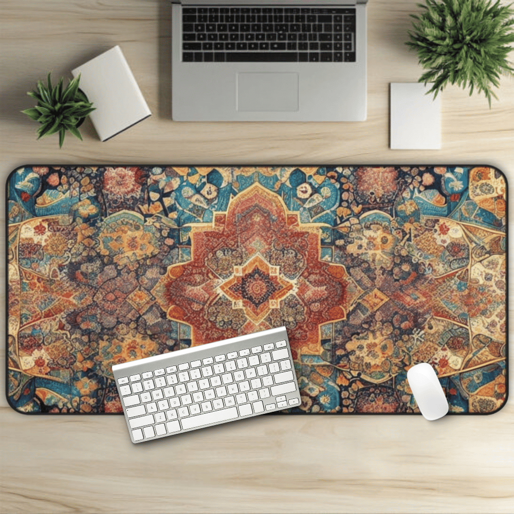Pharaonic Signals Persian Carpet Desk Mat with Arabic, Middle Eastern rug textiles with unique oriental patterns perfect for beautiful desk aesthetics