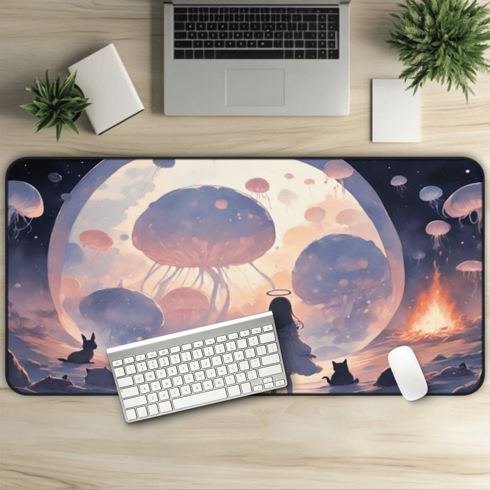 Lullaby Grove Anime Desk Mat "Moon Widows & Blooming Sister" dark fantasy anime desk mat showing a sad, cute girl in mystical storybook landscape with floating creatures