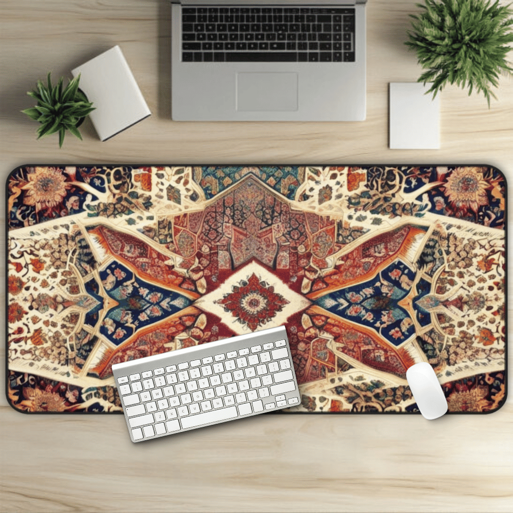 Uzza's Vision Persian Carpet Desk Mat with Arabic, Middle Eastern rug textiles with unique oriental patterns perfect for beautiful desk aesthetics