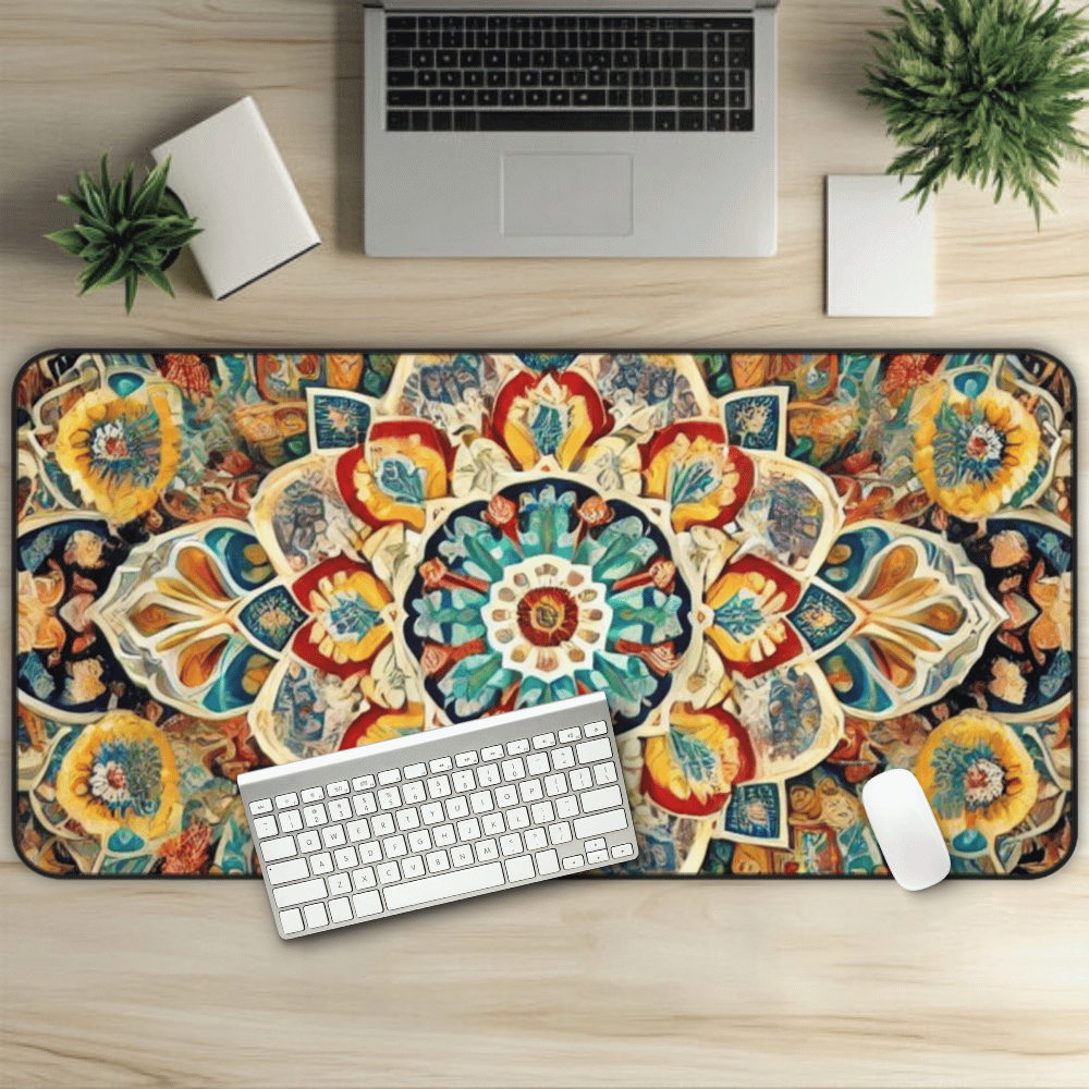 Eye Of Shamsi Persian Carpet Desk Mat with Arabic, Middle Eastern rug textiles with unique oriental patterns perfect for beautiful desk aesthetics