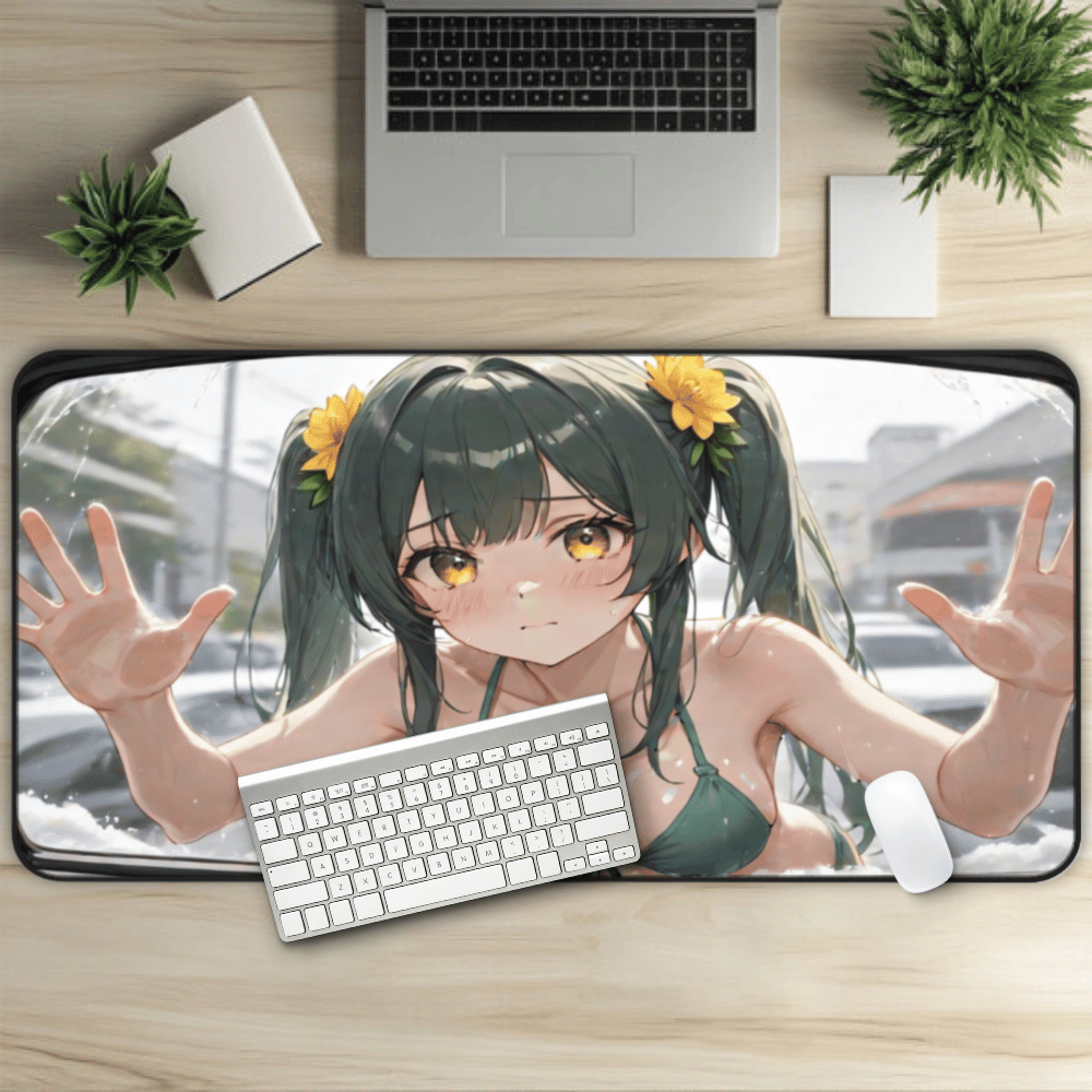 POV Car Wash Green Hair Green Bikini Anime Girl Desk Mat sexy anime girl, lewd waifu artwork