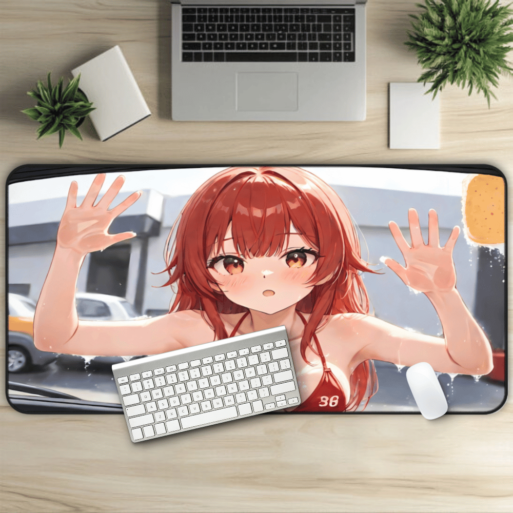 POV Car Wash Redhead Girl In Red Bikini Desk Mat sexy anime girl, lewd waifu artwork