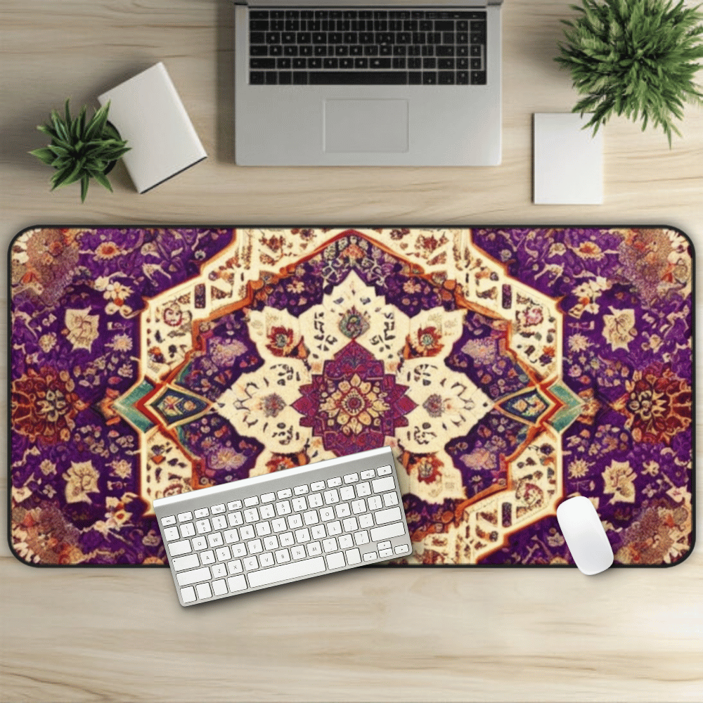 Zanobia's Blessing Persian Carpet Desk Mat with Arabic, Middle Eastern rug textiles with unique oriental patterns perfect for beautiful desk aesthetics