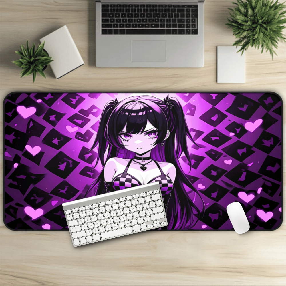 Annoyed Purple Hearts Goth Girl Desk Mat sexy anime girl, lewd waifu artwork