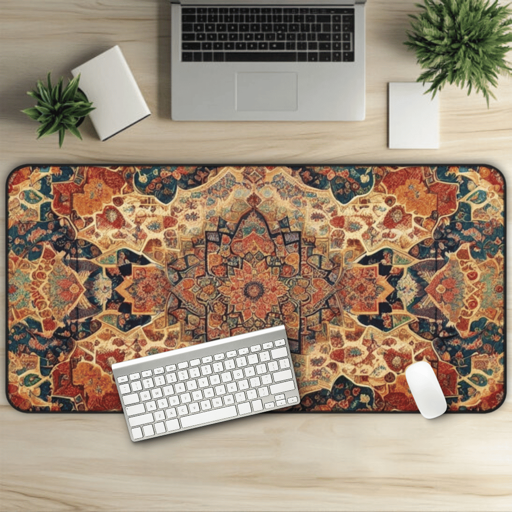 The Amir's Insight Persian Carpet Desk Mat with Arabic, Middle Eastern rug textiles with unique oriental patterns perfect for beautiful desk aesthetics