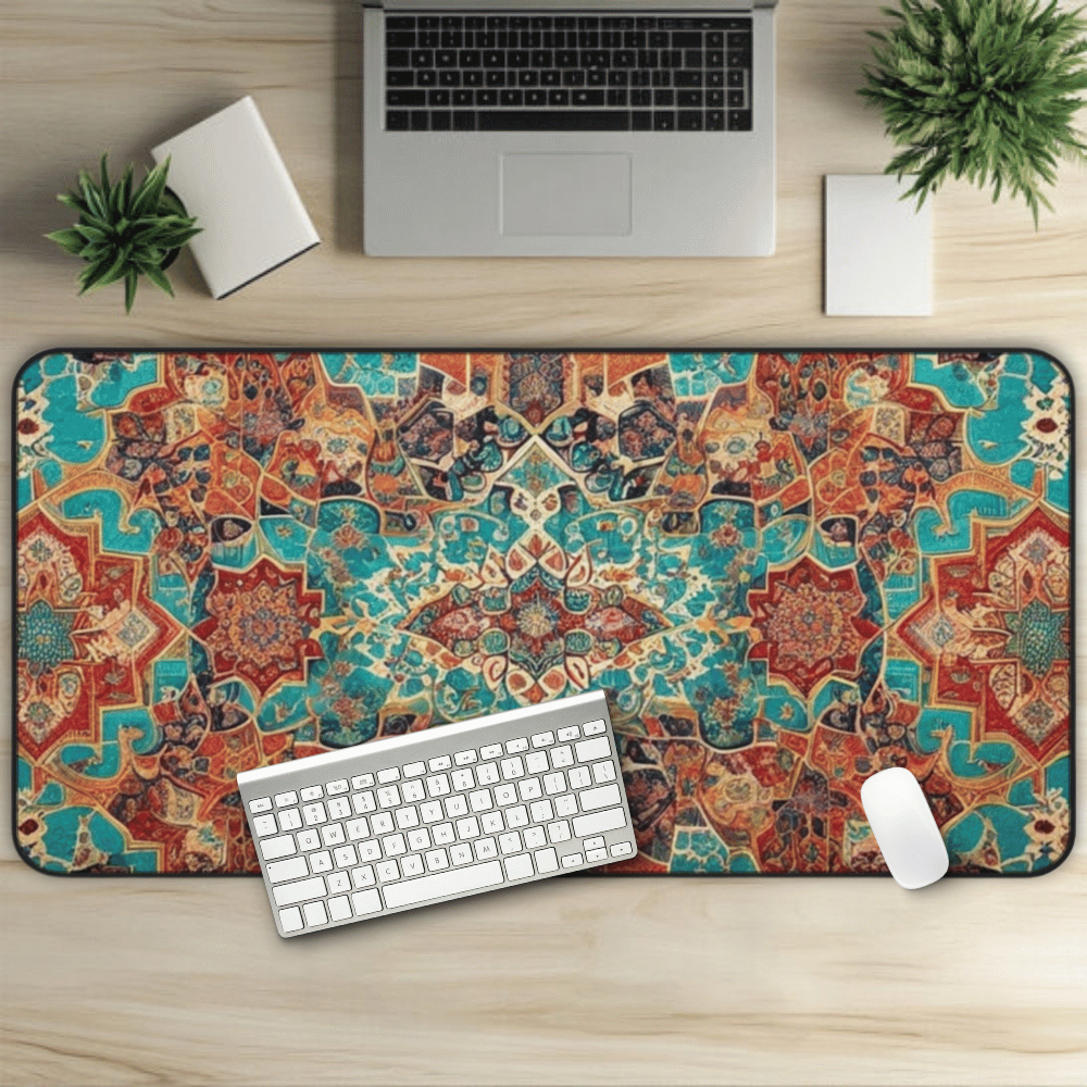 The Caliph's Treasure Persian Carpet Desk Mat with Arabic, Middle Eastern rug textiles with unique oriental patterns perfect for beautiful desk aesthetics