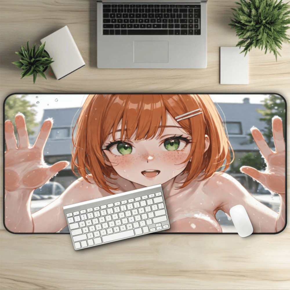 POV Car Wash Naked Orange Hair Freckle Girl Desk Mat sexy anime girl, lewd waifu artwork