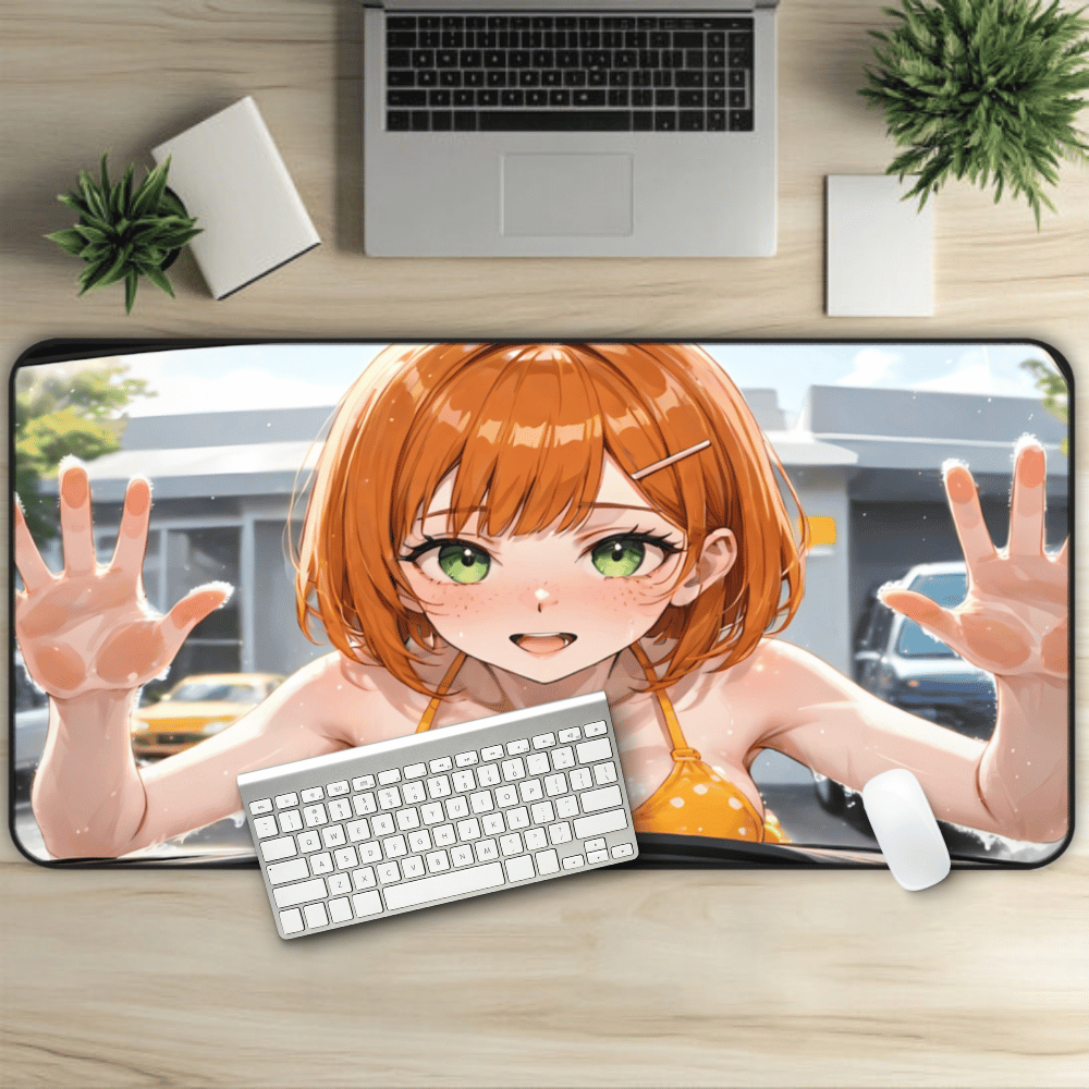 POV Car Wash Sexy Redhead Yellow Bikini Desk Mat sexy anime girl, lewd waifu artwork