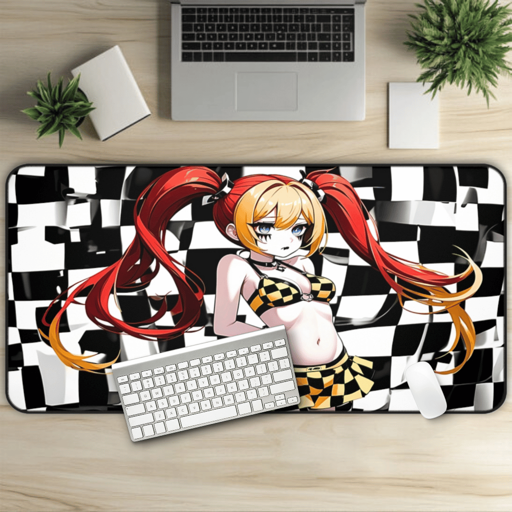 Sexy Yellow Checkered Lingerie Goth Girl Desk Mat sexy anime girl, lewd waifu artwork