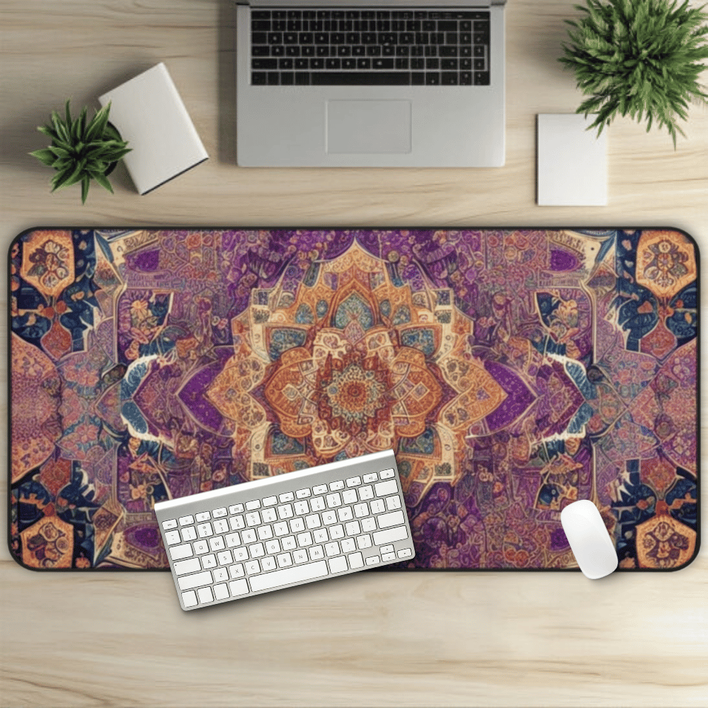 Al-Lat's Love Persian Carpet Desk Mat with Arabic, Middle Eastern rug textiles with unique oriental patterns perfect for beautiful desk aesthetics