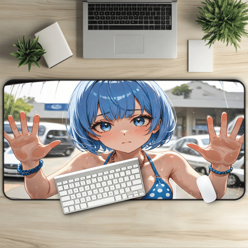 POV Car Wash Blue Hair Polka Dot Bikini Anime Girl Desk Mat sexy anime girl, lewd waifu artwork