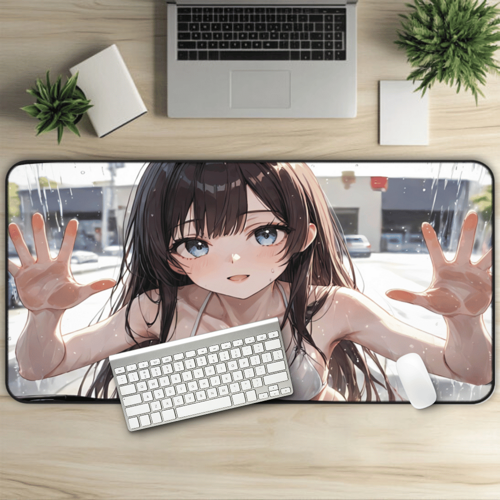 POV Car Wash Brown Hair Girl White Bikini Desk Mat sexy anime girl, lewd waifu artwork