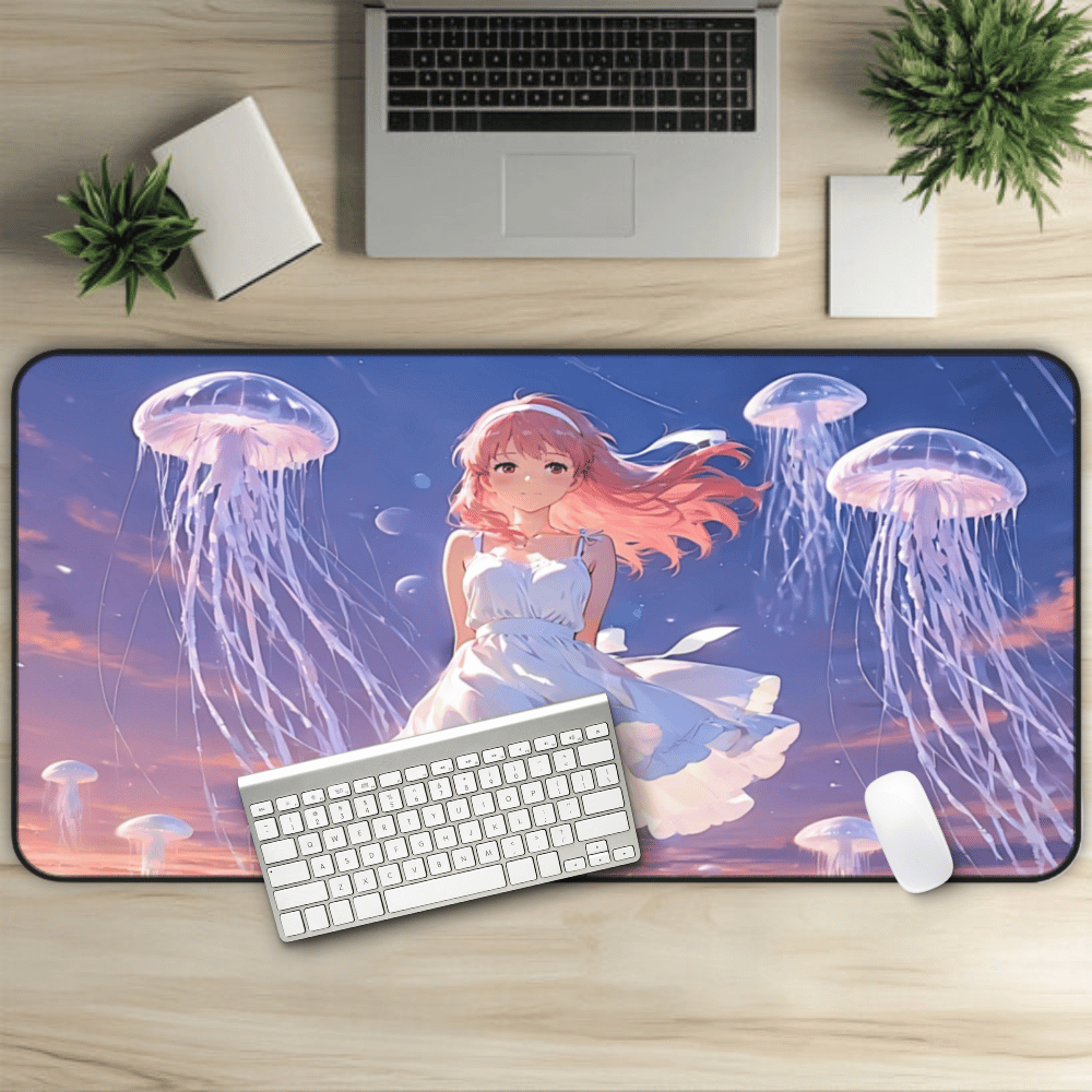 Yumeko – Silent Snow & Sky Jelly Waifu Desk Mat anime desk mat with dreamy waifu illustration in classic anime style, featuring a beautiful Japanese anime girl and soft aesthetic design