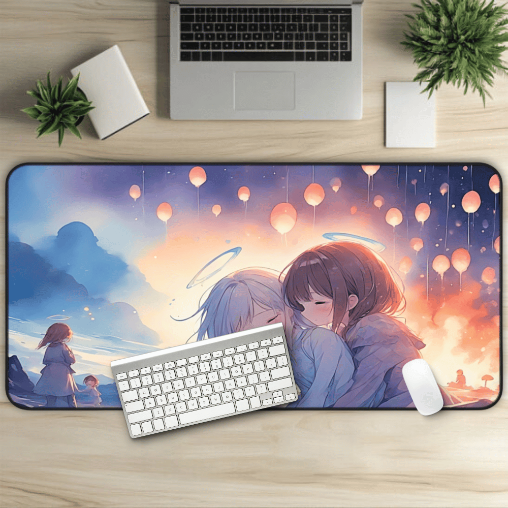 Lullaby Grove Anime Desk Mat "The Lantern Keepers" dark fantasy anime desk mat showing a sad, cute girl in mystical storybook landscape with floating creatures