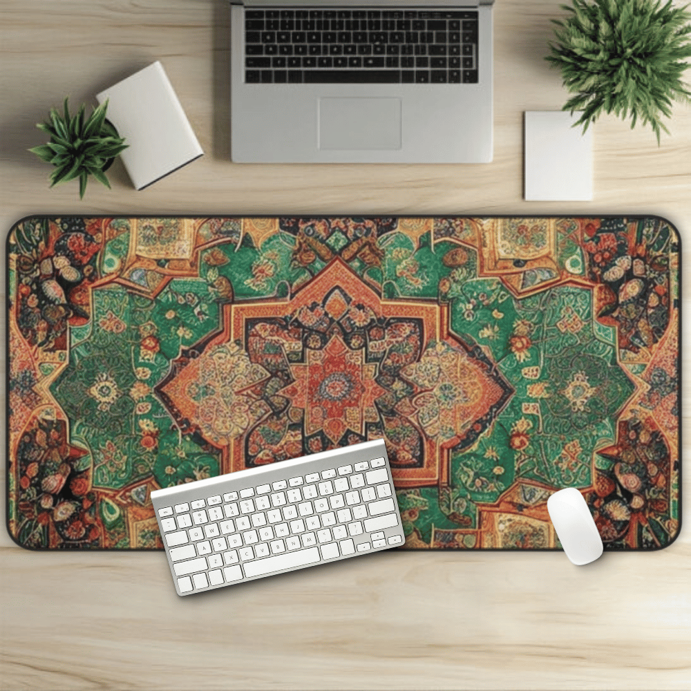 Emerald Visions Persian Carpet Desk Mat with Arabic, Middle Eastern rug textiles with unique oriental patterns perfect for beautiful desk aesthetics