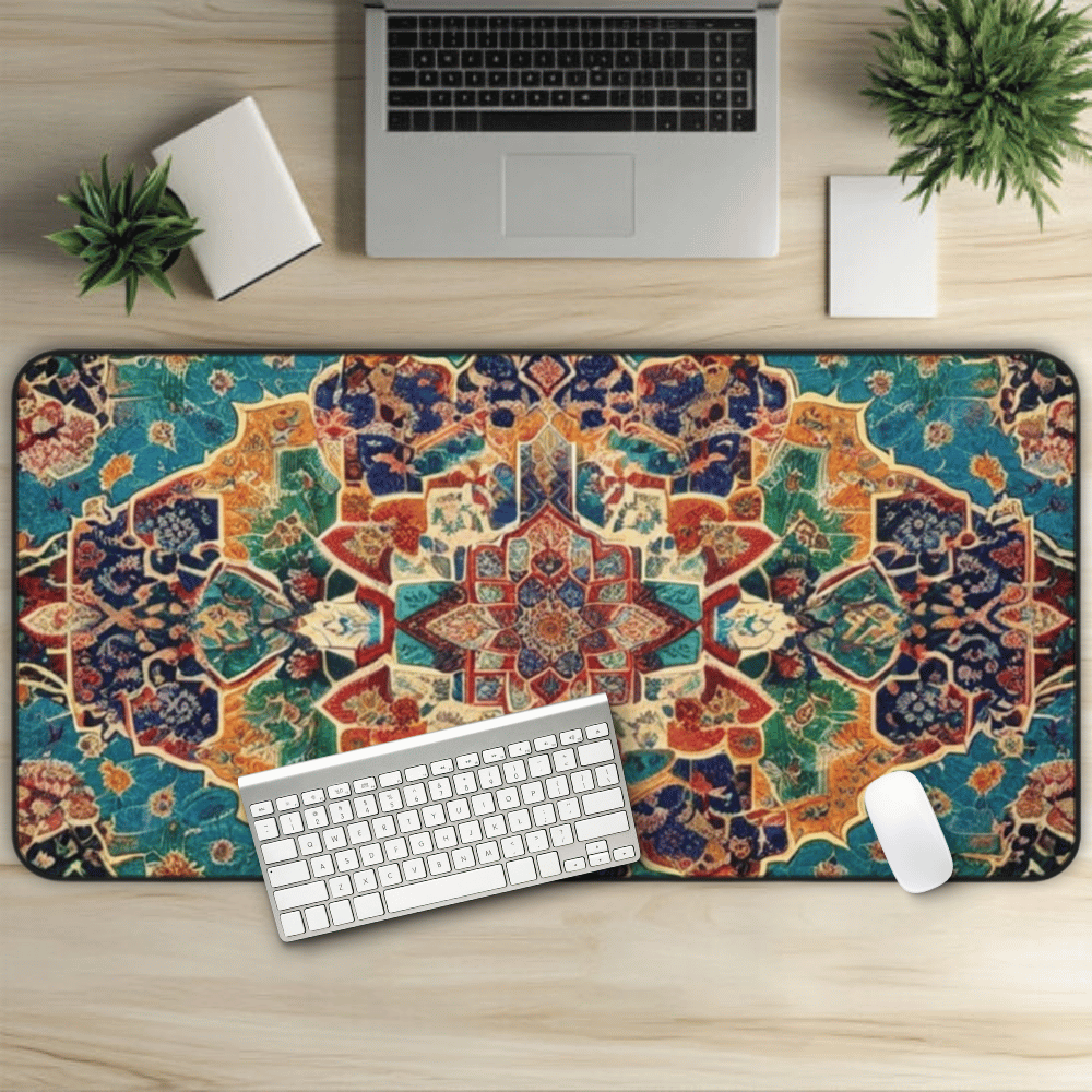 The Amir's Visionary Persian Carpet Desk Mat with Arabic, Middle Eastern rug textiles with unique oriental patterns perfect for beautiful desk aesthetics