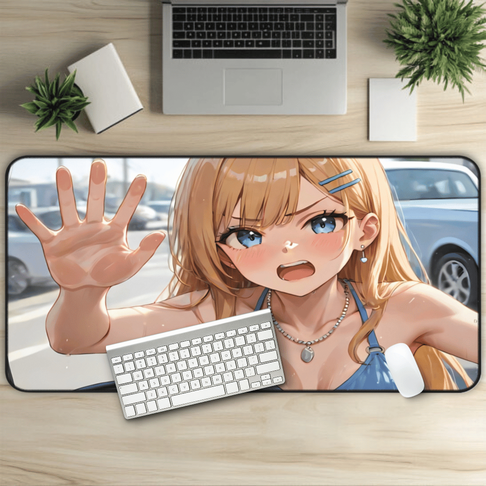 POV Car Wash Sexy Blonde In Blue Bikini Desk Mat sexy anime girl, lewd waifu artwork