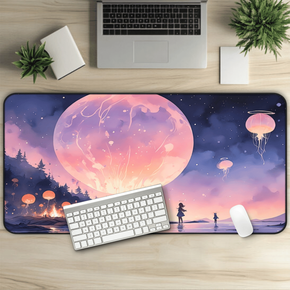 Lullaby Grove Anime Desk Mat "Bad Moon Ending" dark fantasy anime desk mat showing a sad, cute girl in mystical storybook landscape with floating creatures