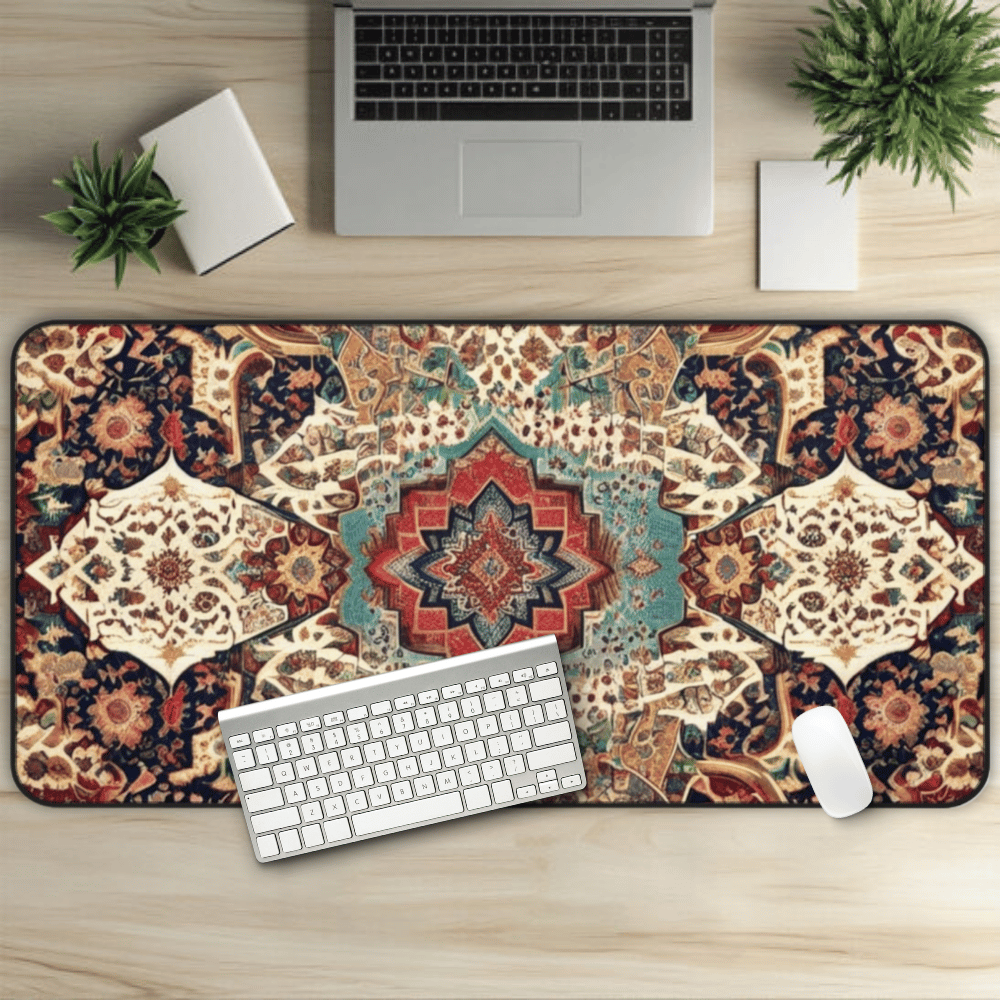 Damascus Market Persian Carpet Desk Mat with Arabic, Middle Eastern rug textiles with unique oriental patterns perfect for beautiful desk aesthetics