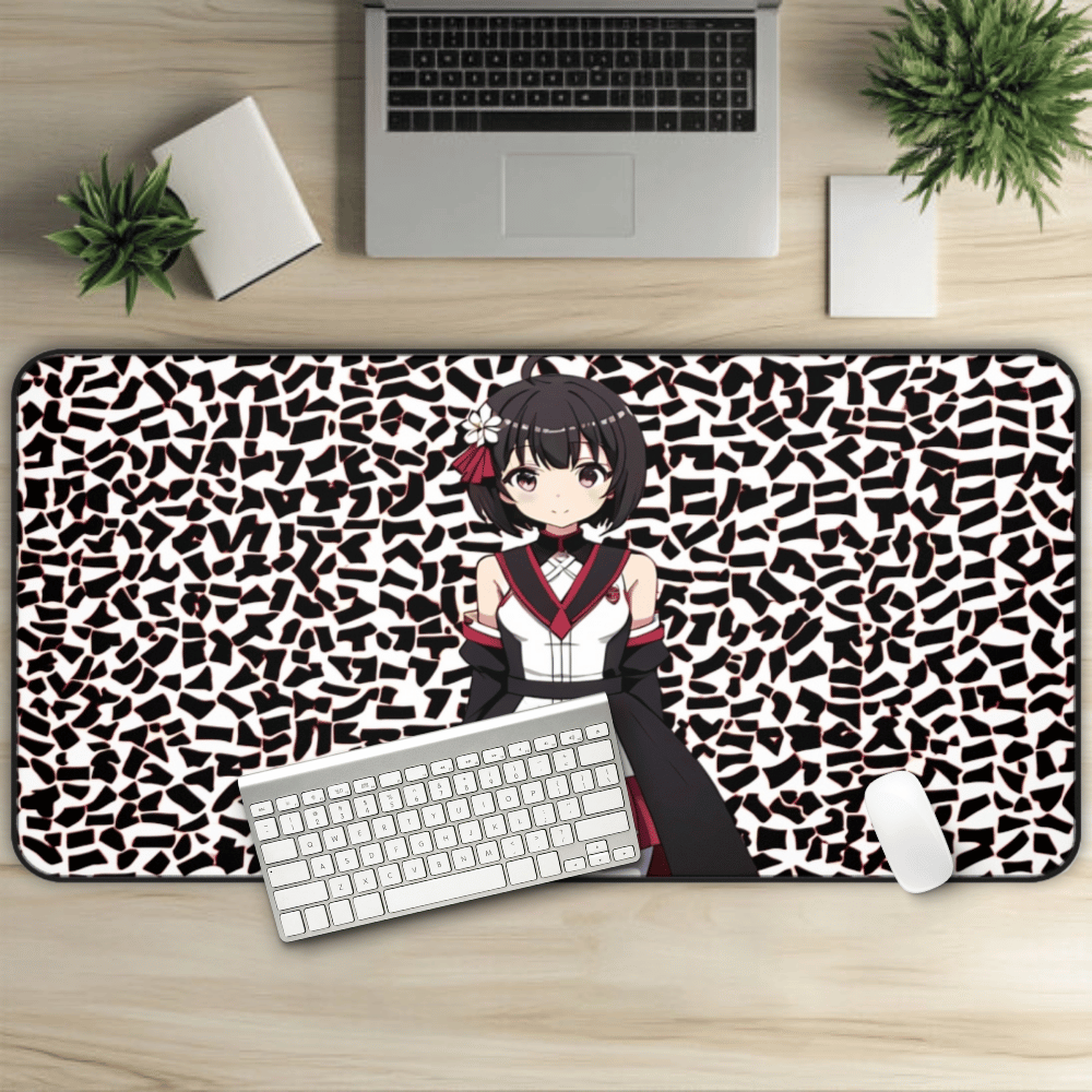 Cute Anime Girl Black & White Pattern Desk Mat sexy anime girl, lewd waifu artwork
