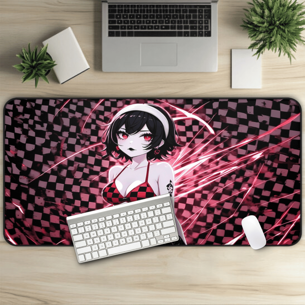 Sexy Red Lingerie Goth Girl Desk Mat sexy anime girl, lewd waifu artwork