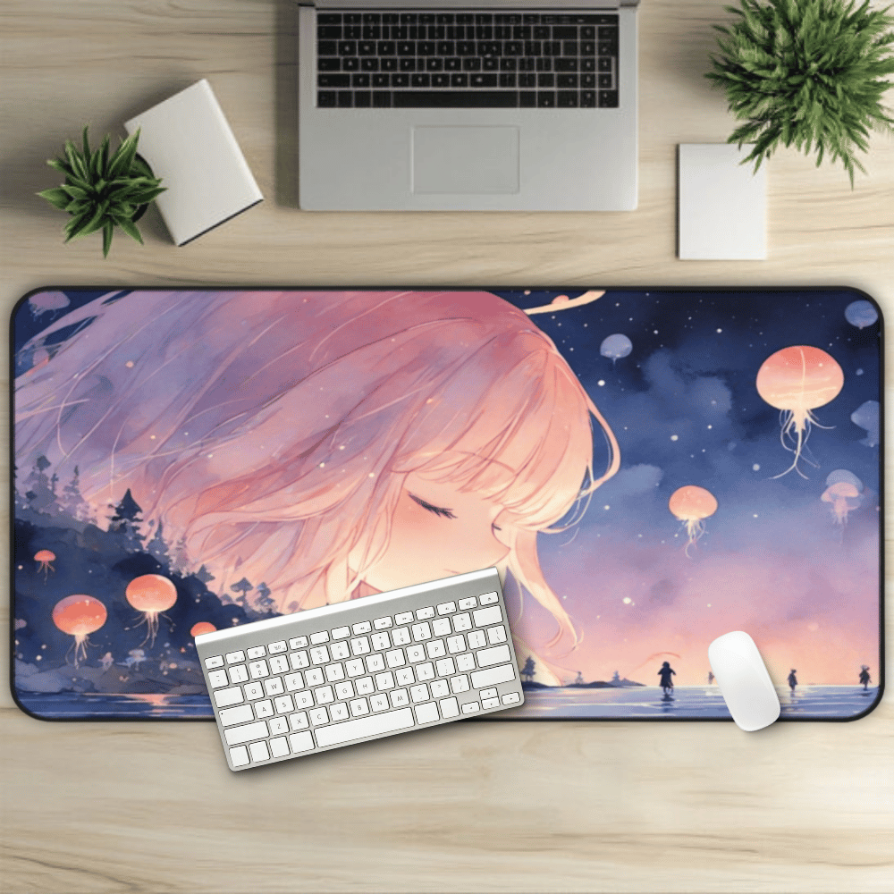 Lullaby Grove Anime Desk Mat "Lost Babe & Hollow Root" dark fantasy anime desk mat showing a sad, cute girl in mystical storybook landscape with floating creatures