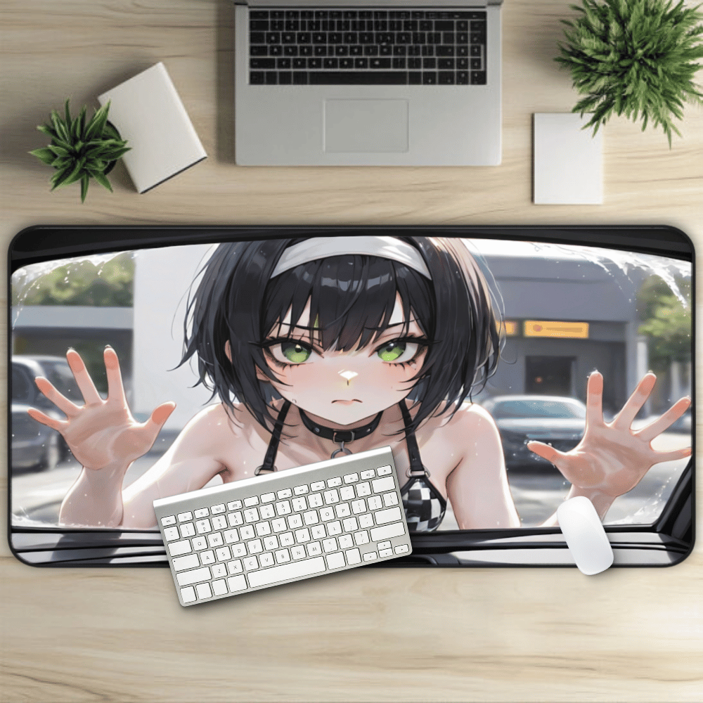 POV Car Wash Emo Girl Checkered Bikini Desk Mat sexy anime girl, lewd waifu artwork