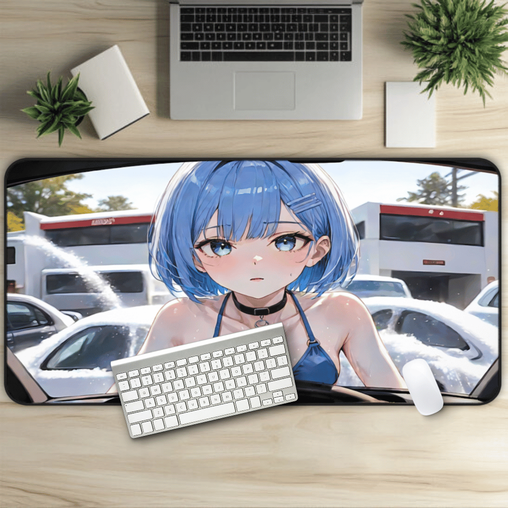 POV Car Wash Blue Hair Girl Blue Bikini Desk Mat sexy anime girl, lewd waifu artwork