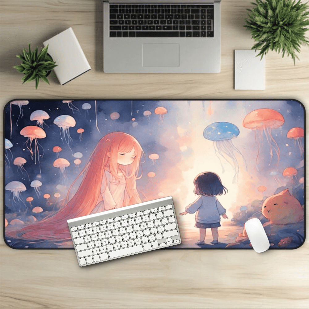 Lullaby Grove Anime Desk Mat "The Fire-Teller & The Orphaned Crown" dark fantasy anime desk mat showing a sad, cute girl in mystical storybook landscape with floating creatures