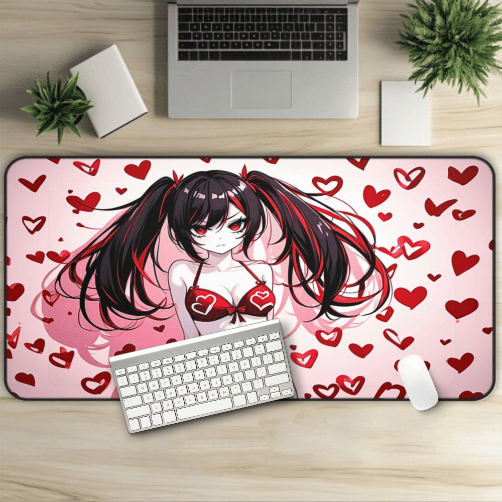 Beautiful Red Hearts Goth Girl Desk Mat sexy anime girl, lewd waifu artwork