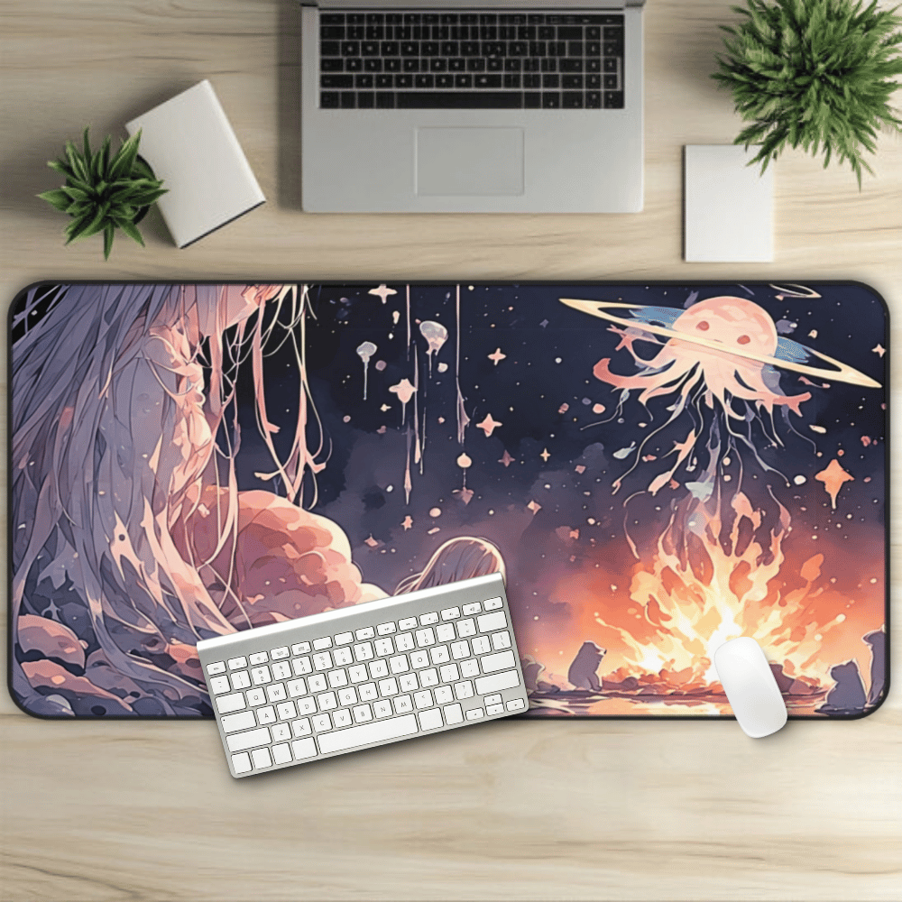 Lullaby Grove Anime Desk Mat "The Pale Shepherd" dark fantasy anime desk mat showing a sad, cute girl in mystical storybook landscape with floating creatures